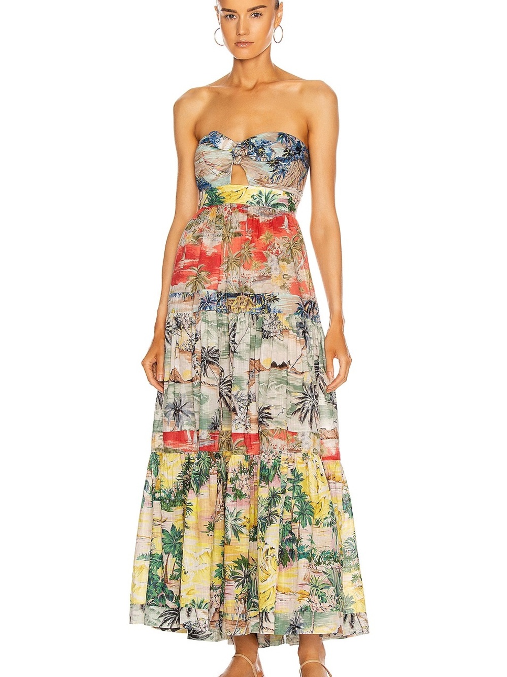 Zimmermann Juliette Tropical Front Tie Strapless Maxi Dress in Multicolor